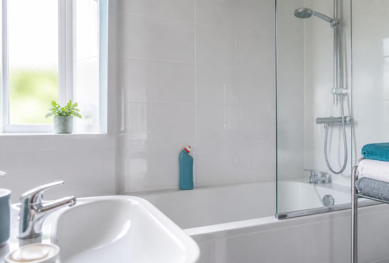 Cleaner scrubbing bathroom tile grout during a deep clean in Cork